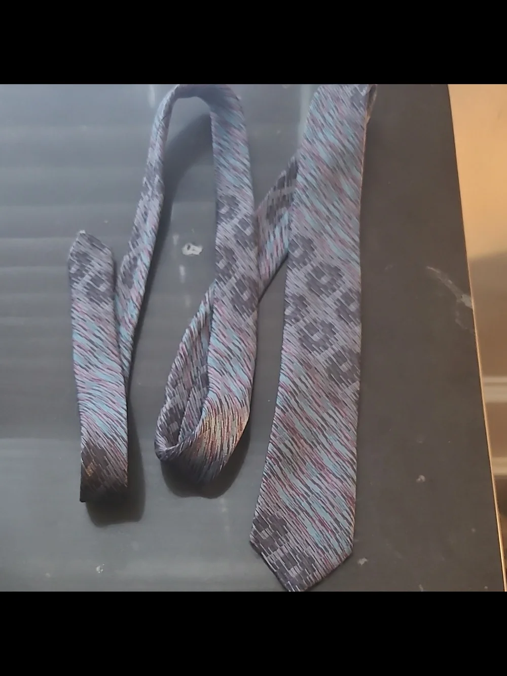 80s Sabina Men's Gray Blue Pink Striped Woven Polyester Skinny  Necktie